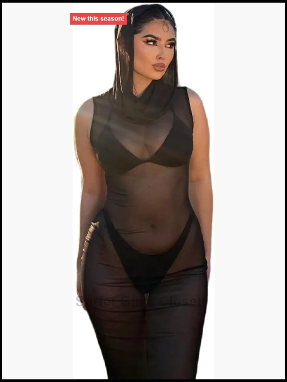 Sexy Rave Outfit Mesh Maxi Dress with Hooded Sheer Cover Up Swimsuit Bikini